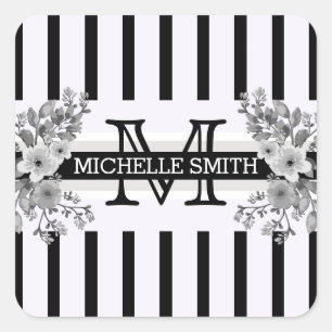 Monogram Floral Black Stripes Vierkante Sticker