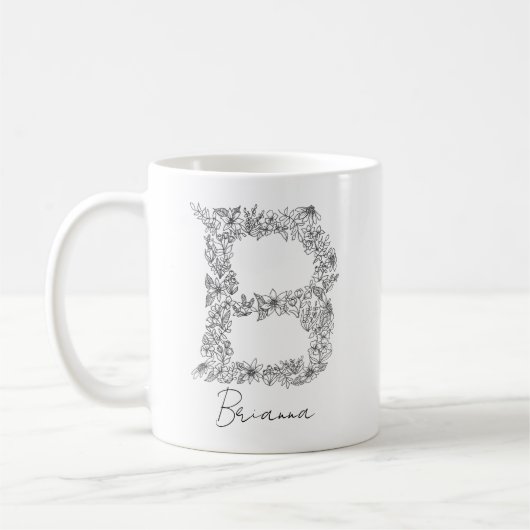 Monogram Floral Botanical Black and White Letter B Koffiemok (Links)