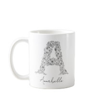 Monogram Floral Botanical Black White Letter A