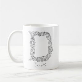 Monogram Floral Botanical Black White Letter D Koffiemok