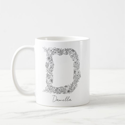 Monogram Floral Botanical Black White Letter D Koffiemok (Links)