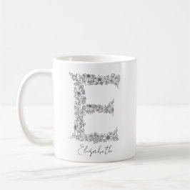 Monogram Floral Botanical Black White Letter E Koffiemok