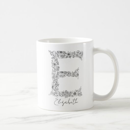 Monogram Floral Botanical Black White Letter E Koffiemok (Rechts)