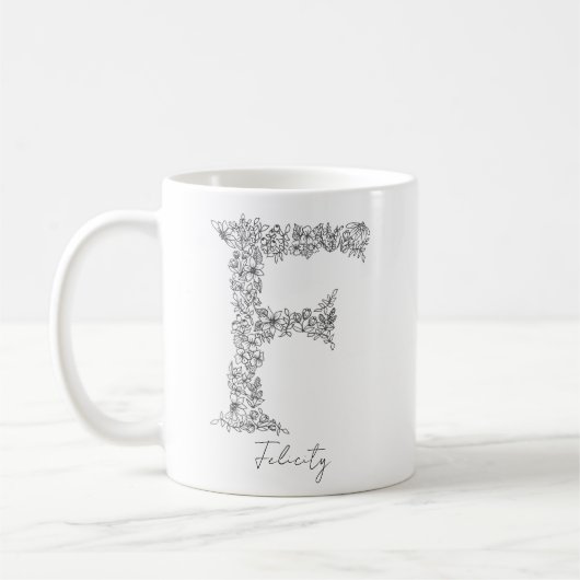 Monogram Floral Botanical Black White Letter F Koffiemok (Links)
