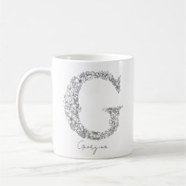 Monogram Floral Botanical Black White Letter G Koffiemok