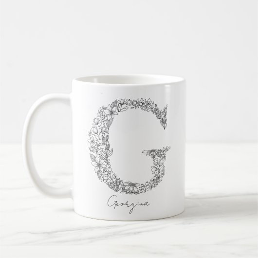 Monogram Floral Botanical Black White Letter G Koffiemok (Links)