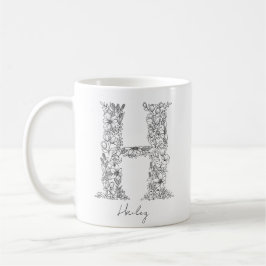 Monogram Floral Botanical Black White Letter H Koffiemok