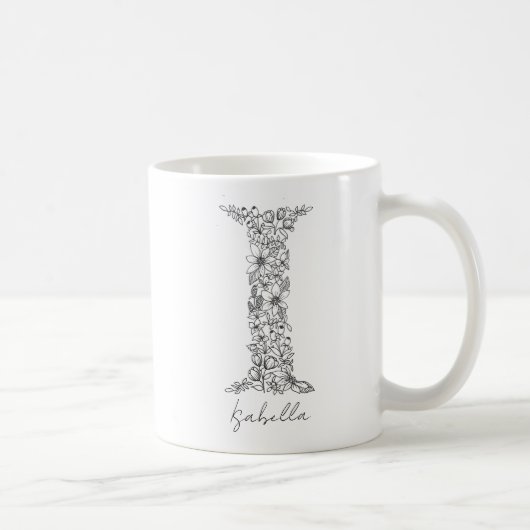 Monogram Floral Botanical Black White Letter I Koffiemok (Rechts)