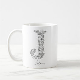 Monogram Floral Botanical Black White Letter J Koffiemok