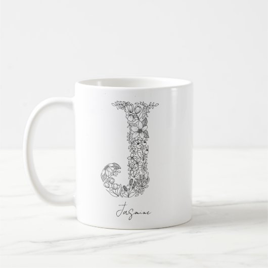 Monogram Floral Botanical Black White Letter J Koffiemok (Links)