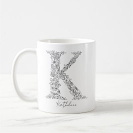 Monogram Floral Botanical Black White Letter K Koffiemok