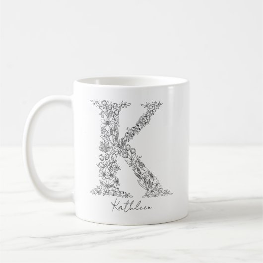 Monogram Floral Botanical Black White Letter K Koffiemok (Links)
