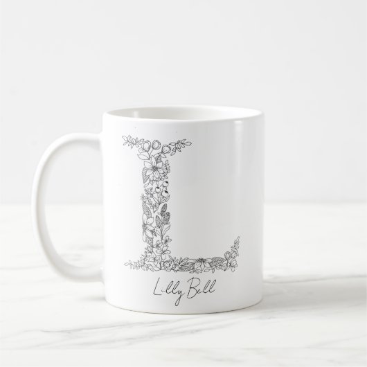 Monogram Floral Botanical Black White Letter L Koffiemok (Links)
