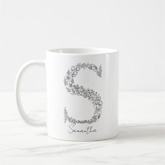 Monogram Floral Botanical Black White Letter S Koffiemok (Links)