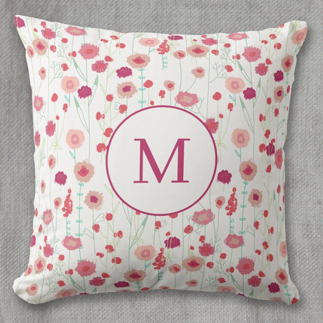 Monogram Floral Botanische Patroonroze Kussen (Modern floral monogram personalized initial art throw pillow)