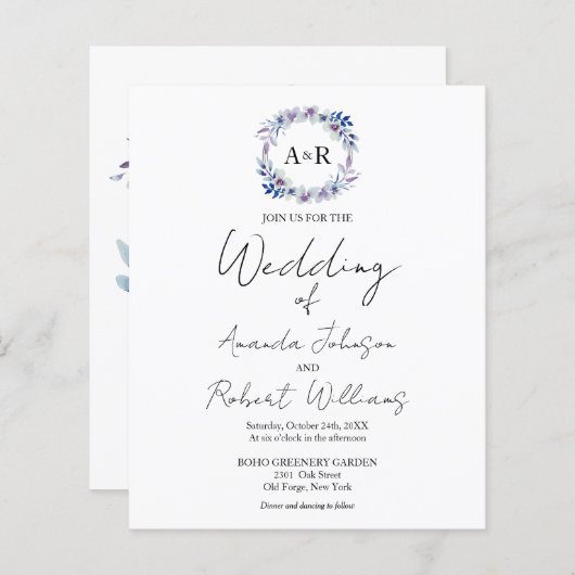 Monogram Floral Budget Wedding Invitations (Voorkant / Achterkant)