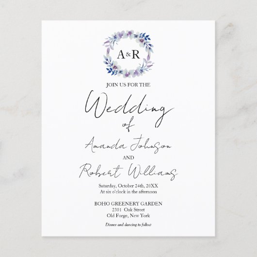 Monogram Floral Budget Wedding Invitations (Voorkant)