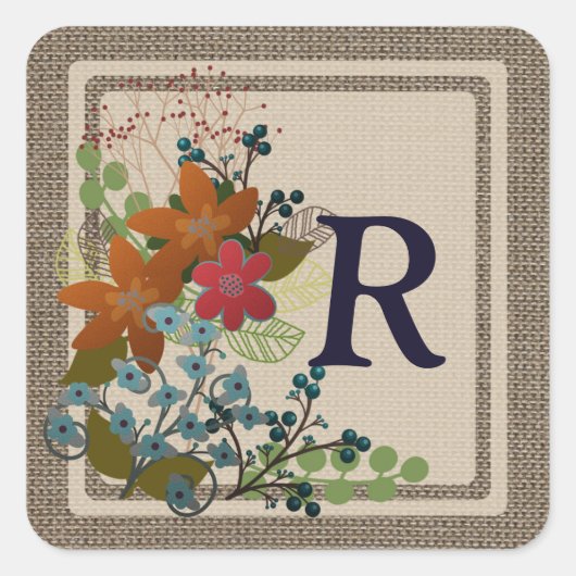 Monogram Floral, Burlap Square Stickers, Glossy Vierkante Sticker (Voorkant)
