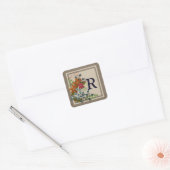 Monogram Floral, Burlap Square Stickers, Glossy Vierkante Sticker (Envelop)