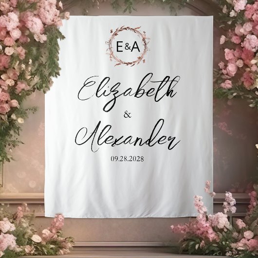 Monogram Floral Calligraphy Wedding Backdrop Wandkleed