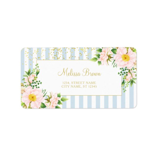 Monogram Floral Chic Pastel Blue Stripes Etiket (Voorkant)