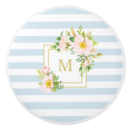 Monogram Floral Chic Pastel Blue Stripes Keramische Knop