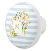 Monogram Floral Chic Pastel Blue Stripes Keramische Knop (Rechts)