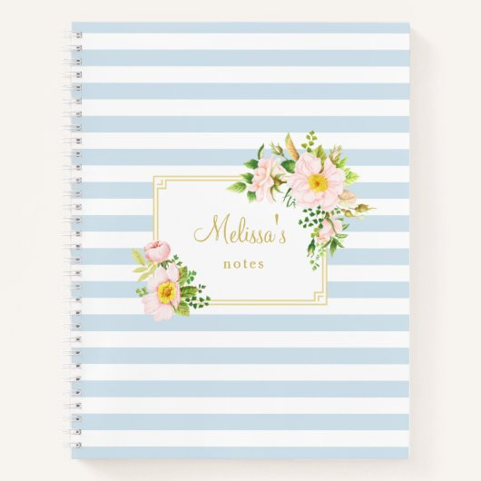 Monogram Floral Chic Pastel Blue Stripes Notitieboek (Voorkant)