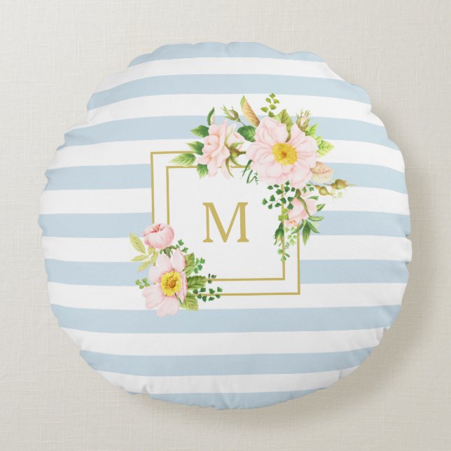 Monogram Floral Chic Pastel Blue Stripes Round Rond Kussen (Voorkant)