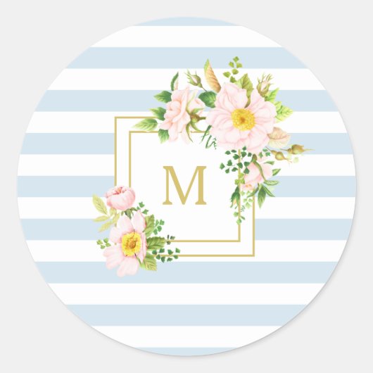 Monogram Floral Chic Pastel Blue Stripes Round Ronde Sticker (Voorkant)