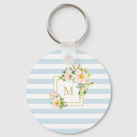 Monogram Floral Chic Pastel Blue Stripes Sleutelhanger (Voorkant)