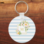 Monogram Floral Chic Pastel Blue Stripes Sleutelhanger (Voorkant)