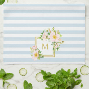 Monogram Floral Chic Pastel Blue Stripes Theedoek