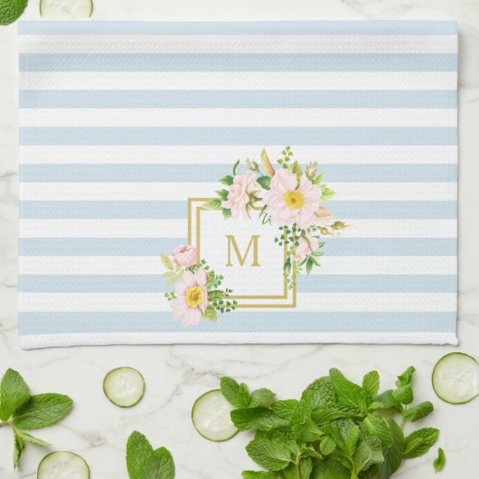 Monogram Floral Chic Pastel Blue Stripes Theedoek (Gevouwen)