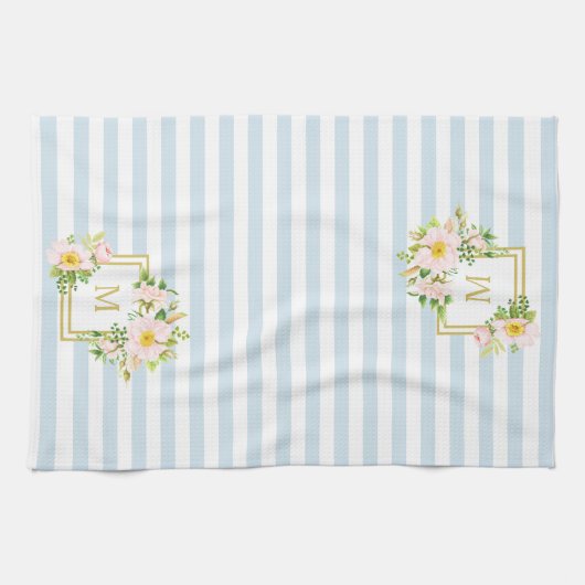 Monogram Floral Chic Pastel Blue Stripes Theedoek (Horizontaal)