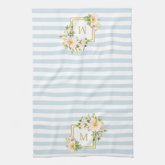 Monogram Floral Chic Pastel Blue Stripes Theedoek (Verticaal)