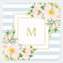 Monogram Floral Chic Pastel Blue Stripes Vierkante Sticker