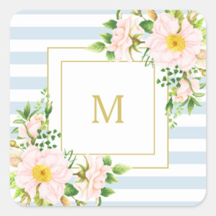 Monogram Floral Chic Pastel Blue Stripes Vierkante Sticker