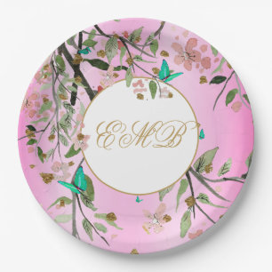 Monogram Floral Chic Pink Elegant Gold Birthday Papieren Bordje