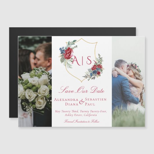 Monogram Floral Crest Fotocollage De datum opslaan Magnetische Uitnodiging (Voorkant / Achterkant)