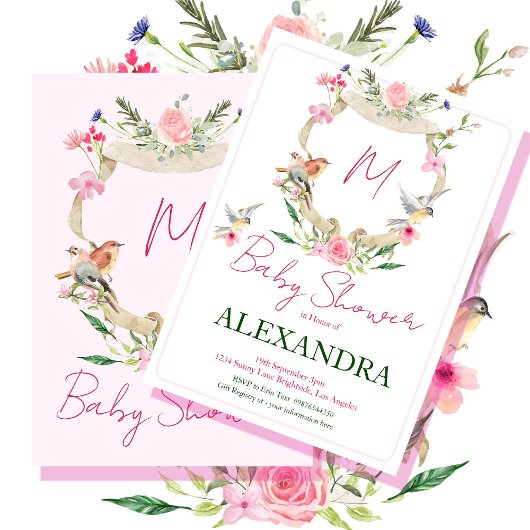 Monogram Floral Crest Waterverf Baby shower Kaart