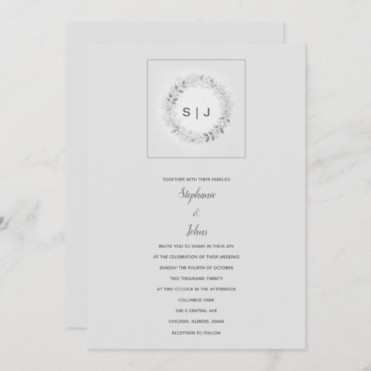 Monogram Floral Crest Zwart Wit Grijs Trouwen Kaart (Voorkant / Achterkant)