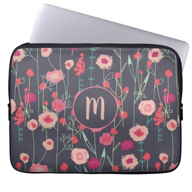Monogram Floral Dark Laptop Sleeve (Voorkant)