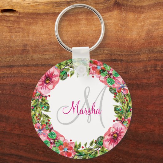 Monogram Floral Design Sleutelhanger (Voorkant)