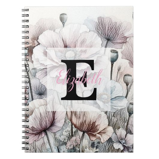 Monogram floral drawing pink pastel poppy flowers notitieboek (Voorkant)