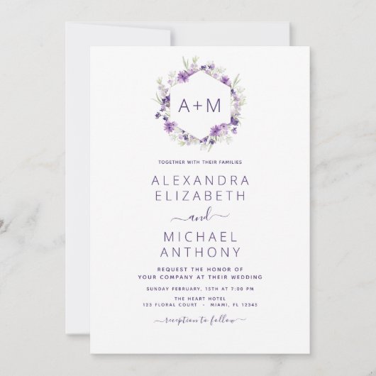 Monogram Floral Dusty Paarse Greenery Wedding Kaart (Voorkant)