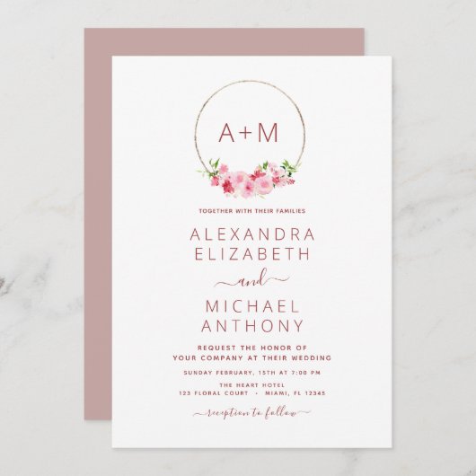 Monogram Floral Dusty Roos Pink Weddenschap Kaart (Voorkant / Achterkant)