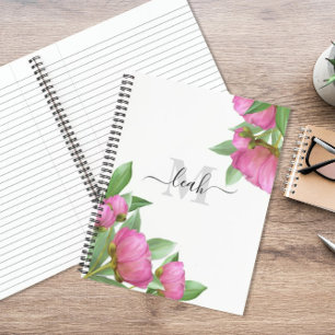 Monogram Floral Elegant Pretty Pink Peony Flower Notitieboek