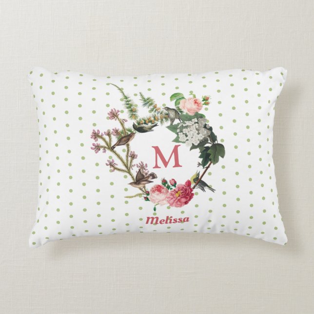 Monogram  Floral en Bird Wreath Polka Dots Accent Kussen (Voorkant)