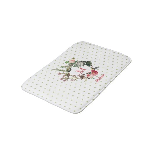 Monogram  Floral en Bird Wreath Polka Dots Badmat (Gekanteld)